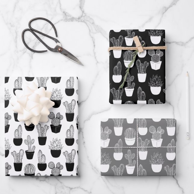 Cacti Line Art Pattern Wrapping Paper Sheet (Front)