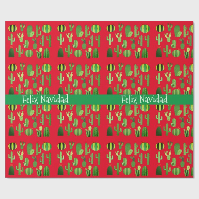 Cacti on Red Feliz Navidad Wrapping Paper (Flat)