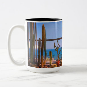 Cacti plants and sea Two-Tone coffee mug