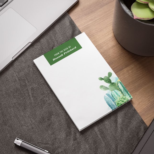 Cacti Plants Chic Watercolor Personalised Notepad (Green White Cacti Botanical Notepad)