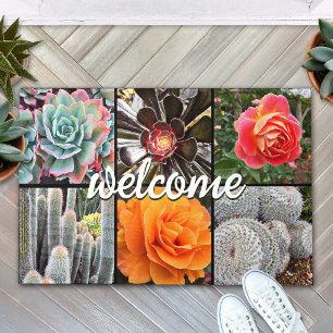 Cacti Roses Photo Collage Welcome Script Modern Doormat
