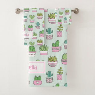 Cacti Succulents Plants Doodles Pattern Name Bath Towel Set
