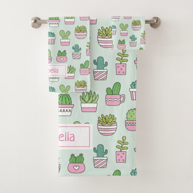 Cacti Succulents Plants Doodles Pattern Name Bath Towel Set (Insitu)