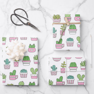 Cacti Succulents Plants Doodles Pattern Wrapping Paper Sheet