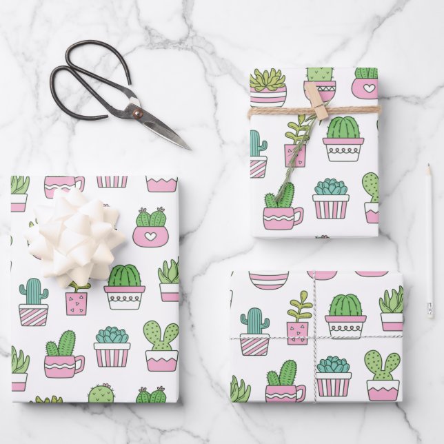 Cacti Succulents Plants Doodles Pattern  Wrapping Paper Sheet (Front)