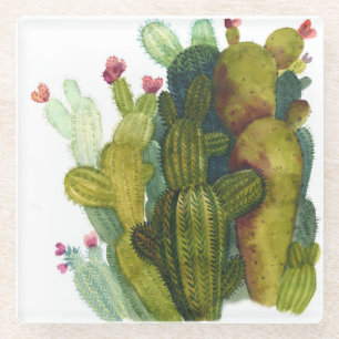 Cacti, succulents: vintage watercolor. glass coaster