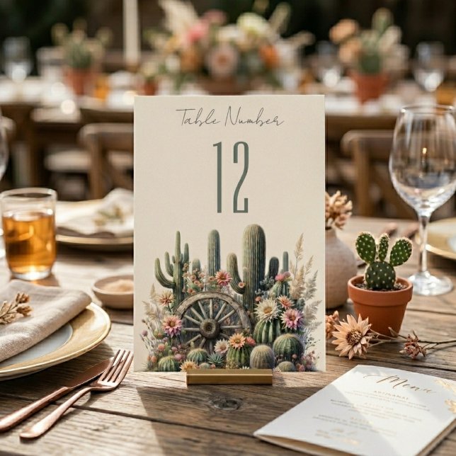 Cacti & Wagon Wheel Rustic Wedding Table Number (Creator Uploaded)