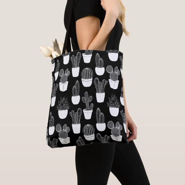 Cacti White Line Art Large Pattern Tote Bag (Close Up)