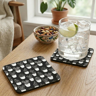 Cacti White Line Art Pattern Coaster