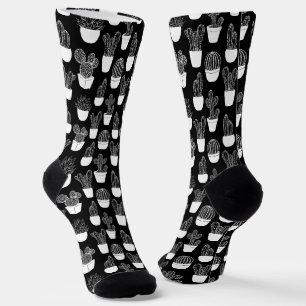 Cacti White Line Art Small Pattern Socks