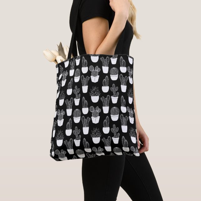Cacti White Line Art Small Pattern Tote Bag (Close Up)