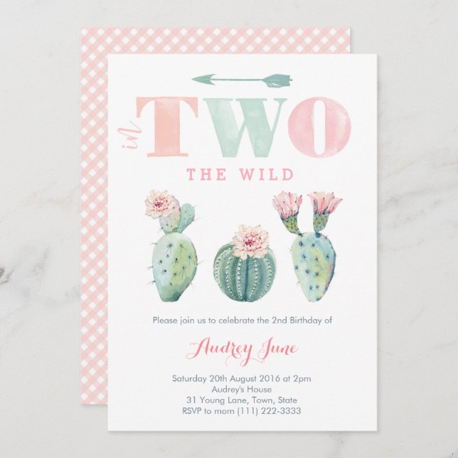 Cactus 2nd Birthday Party Invitations, Baby Girl Invitation (Front/Back)