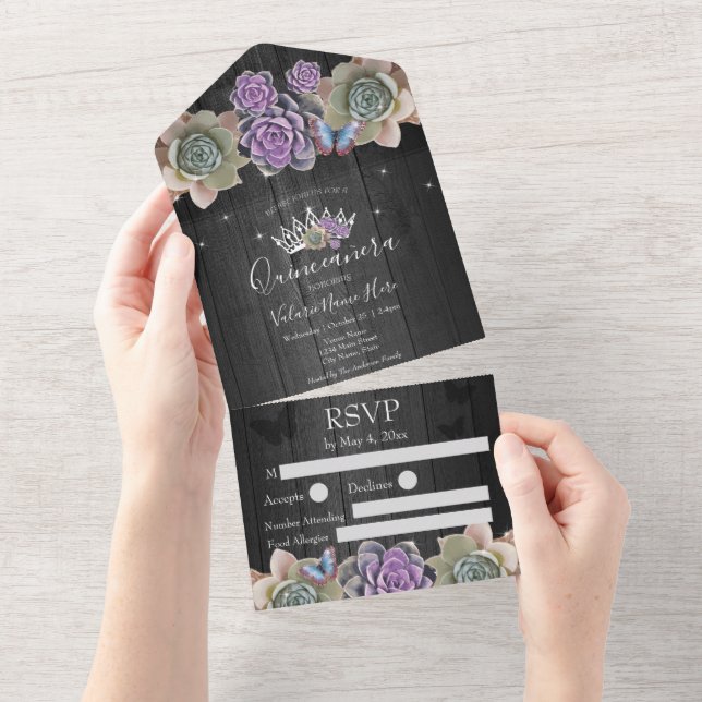 Cactus and Butterfly Elegant Quinceanera Grey All In One Invitation (Tearaway)