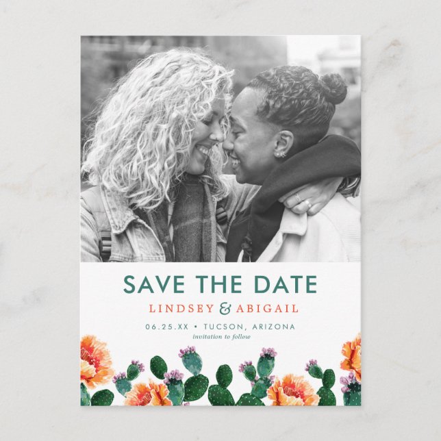 Cactus and Flowers Save the Date Postcard (Front)