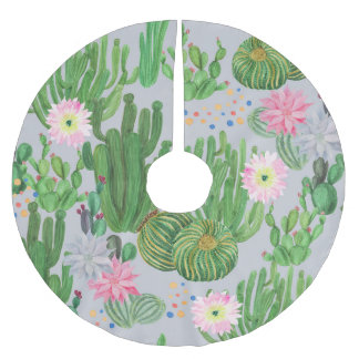 Cactus and flowers, watercolor seamless painting. brushed polyester tree skirt