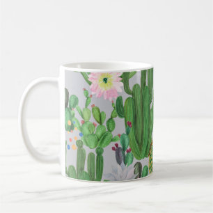 Cactus and flowers, watercolor seamless painting. coffee mug