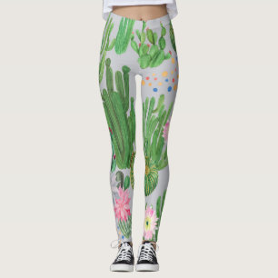 Cactus and flowers, watercolor seamless painting. leggings
