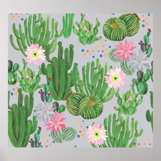 Cactus and flowers, watercolor seamless painting. poster (Front)