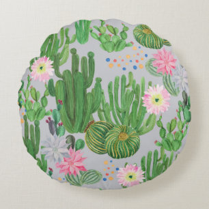 Cactus and flowers, watercolor seamless painting. round cushion