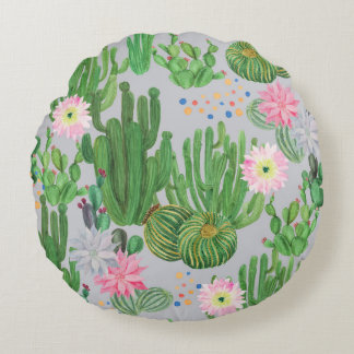 Cactus and flowers, watercolor seamless painting. round cushion