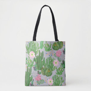 Cactus and flowers, watercolor seamless painting. tote bag