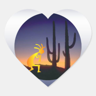 Cactus and Kokopelli Round Heart Sticker
