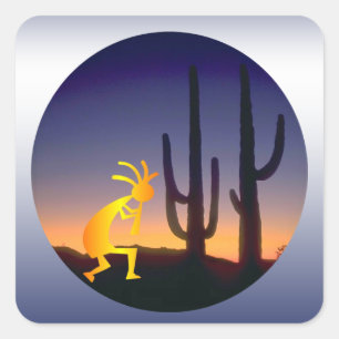 Cactus and Kokopelli Round Square Sticker