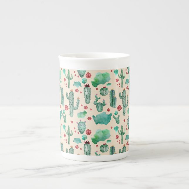 cactus and ladybug pattern - beige background bone china mug (Front)