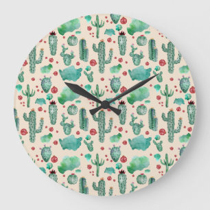 cactus and ladybug pattern - beige background large clock