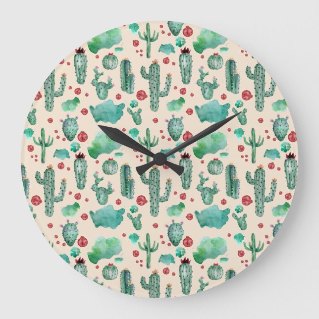 cactus and ladybug pattern - beige background large clock (Front)