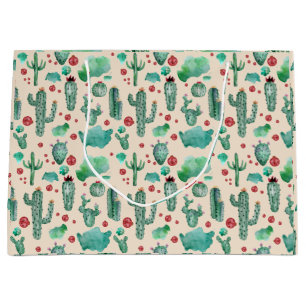 cactus and ladybug pattern - beige background large gift bag