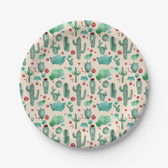 cactus and ladybug pattern - beige background paper plate (Front)