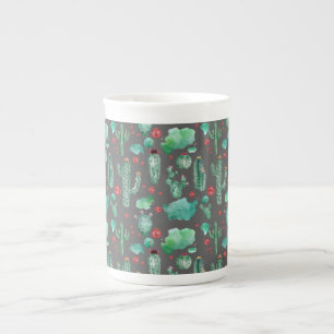 cactus and ladybug pattern - black background bone china mug
