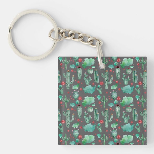 cactus and ladybug pattern - black background key ring (Front)