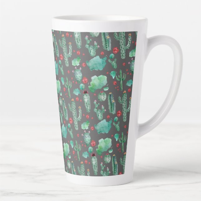 cactus and ladybug pattern - black background latte mug (Right)