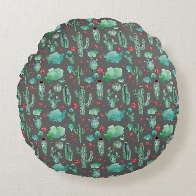 cactus and ladybug pattern - black background round cushion (Front)