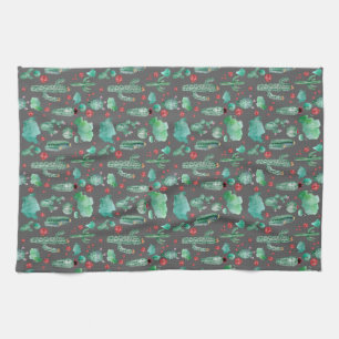 cactus and ladybug pattern - black background tea towel