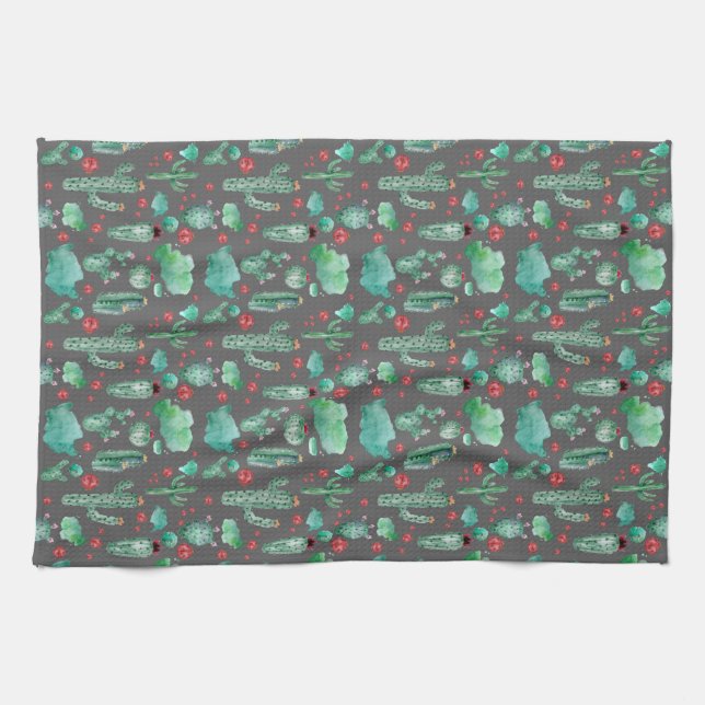 cactus and ladybug pattern - black background tea towel (Horizontal)