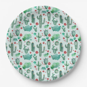 cactus and ladybug pattern - light blue background paper plate