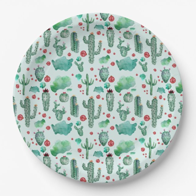 cactus and ladybug pattern - light blue background paper plate (Front)
