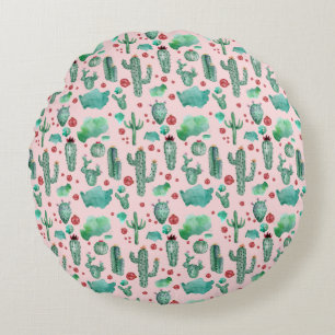 cactus and ladybug pattern - light pink background round cushion