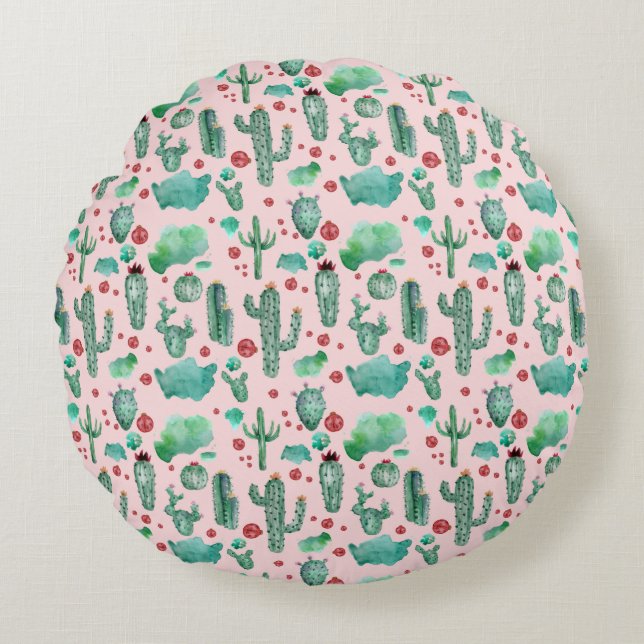 cactus and ladybug pattern - light pink background round cushion (Front)