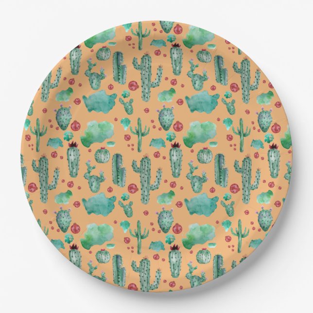 cactus and ladybug pattern - orange background paper plate (Front)