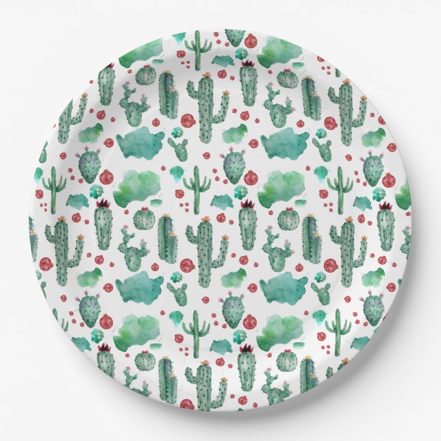 cactus and ladybug pattern -, white background paper plate (Front)