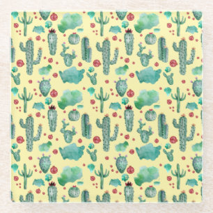 cactus and ladybug pattern - yellow background glass coaster