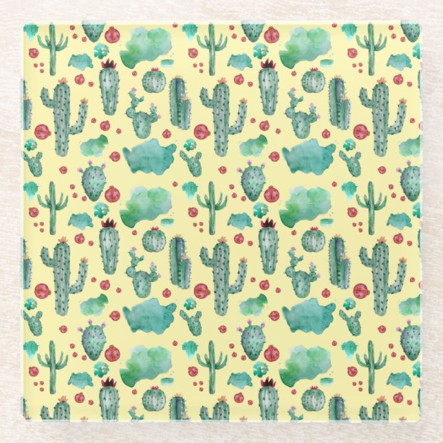 cactus and ladybug pattern - yellow background glass coaster (Front)