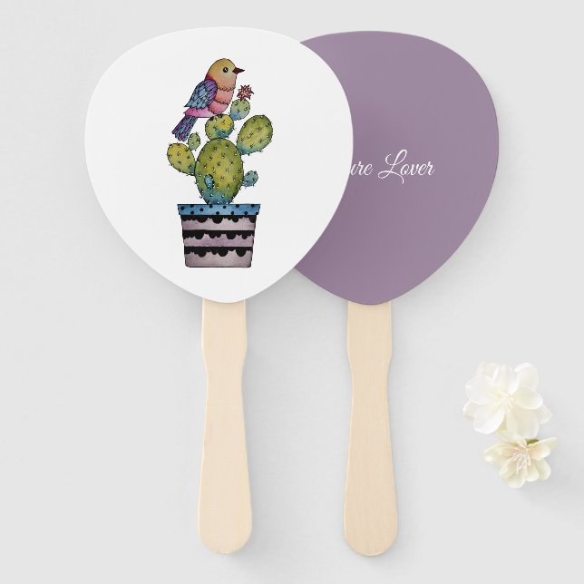 Cactus And Rainbow Bird In Watercolor Hand Fan (Front and Back)