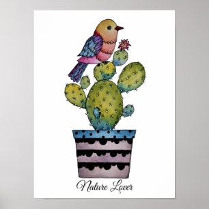 Cactus And Rainbow Bird In Watercolor Poster