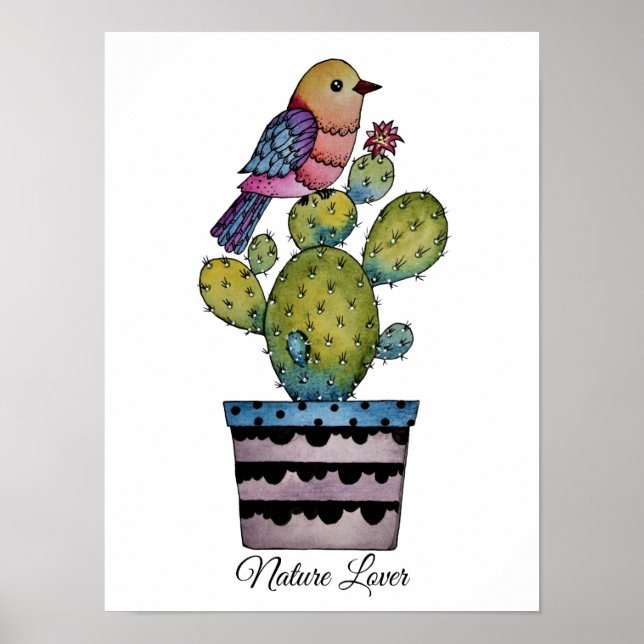 Cactus And Rainbow Bird In Watercolor Poster (Front)