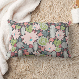 Cactus And Succulent Plants Greens Pinks Blue Lumbar Cushion